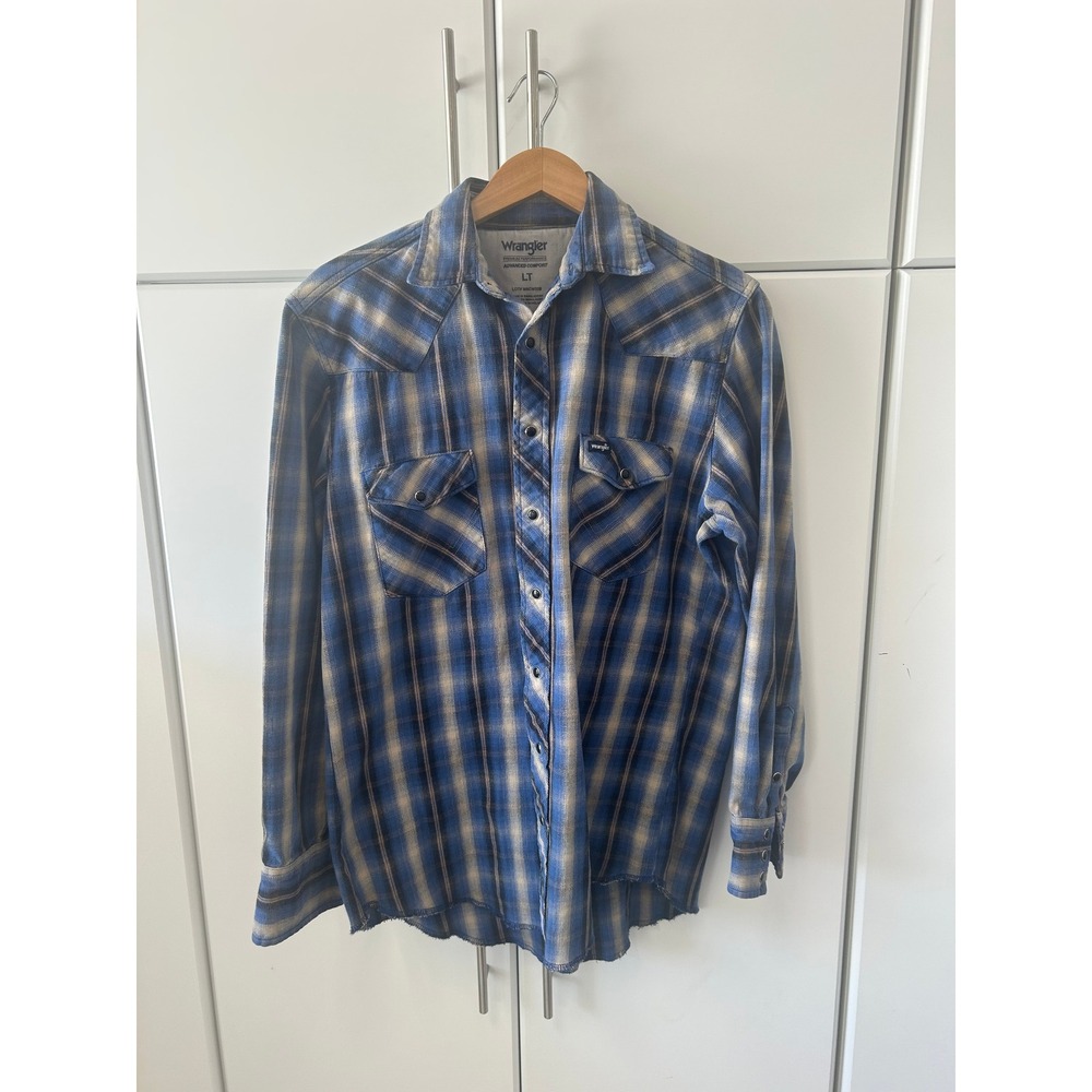 Wrangler Premium Performance Advanced Comfort Blue Plaid Western Snap Shirt LT